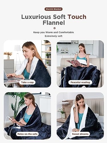 Electric Blanket Heated Throw,Double-Sided Flannel＆Sherpa Electric Throw with1-9 hrs Timer Auto-Off & 8 Heating Levels,ETL Certification,Machine Washable,Heated Protection Ultra Soft Warm 6
