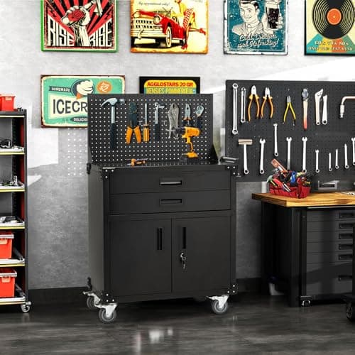 Danrelax 52" Mobile Workbench with Pegboard & Drawers - Heavy-Duty Garage Tool Bench with Lockable Storage, Cold-Rolled Steel, 4 Swivel Casters, Black 5