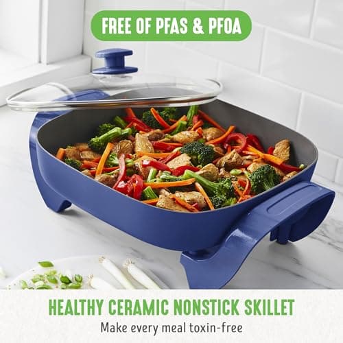 GreenLife 12" 5QT Square Electric Skillet, Glass Vented Lid, Ceramic PFAS-Free Nonstick Coated Interior, Adjustable Temperature Control, Cool Touch Handles, Quick Even Heating, Scratch Resistant, Blue 2