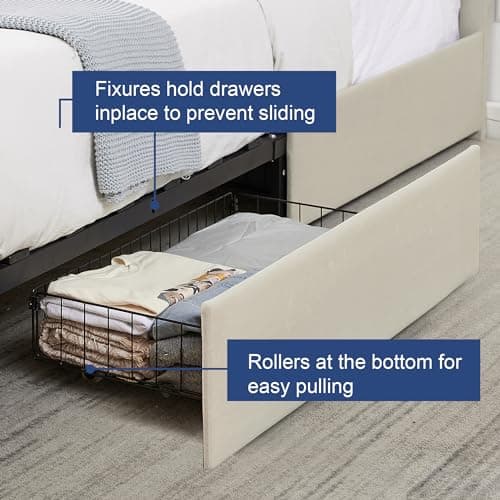 VECELO Full Size Upholstered Bed Frame with 4 Drawers and Adjustable Headboard, Velvet Platform Storage Bedframe Mattress Foundation, Wooden Slats Support, No Box Spring Needed, Beige 5