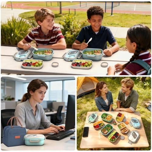 PEDECO Lunch Containers Bento Box Set for Adults & Kids with Insulated Bag, Leakproof 3-Compartment and 2-Tier Stackable Container with Portable Sauce Pod, Microwave/Dishwasher Safe, BPA-Free (Blue) 6