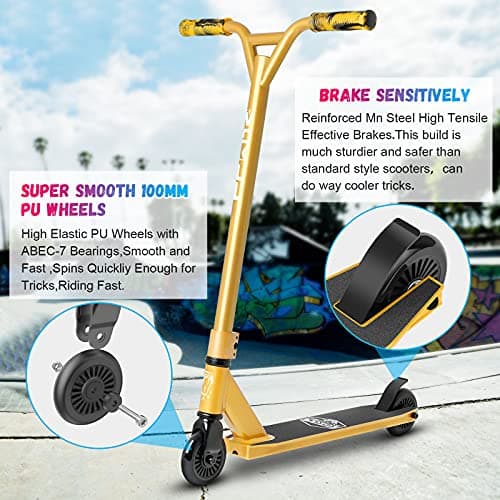 VOKUL Gold Pro Stunt Scooter - Entry Level Tricks Freestyle Pro Scooter for Age 6 Up Kids,Boys,Girls - Reinforced 20" L4.1 W Deck(Gold) 5