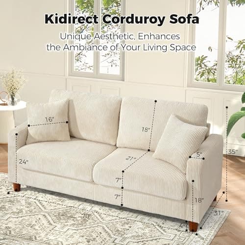 70in Corduroy Couch, Kidirect Sofa No Tool Assembly, Comfy Couches for Living Room 21in Deeper Seats, Corduroy Sofas for Living Room with 2 Pillows, Oversized Loveseat Sofa, Boho Love Seat Beige Couch 9