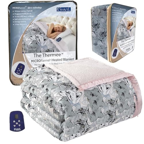 Thermee Micro Flannel Heated Blanket With Sherpa Back - Full Size, 10-Setting Electric, Programmable, Ultra-Soft, Fast Heating Thermal Throw - Cat Medley