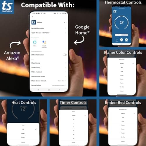 Touchstone Smart Electric Fireplace-The Fury 65" Wide- 4.5" Thin in Wall Recessed-100 Realistic Flame/Ember Bed Color Combos-1,500W Heater-Larger Viewing Area-Alexa/WiFi Enabled 10