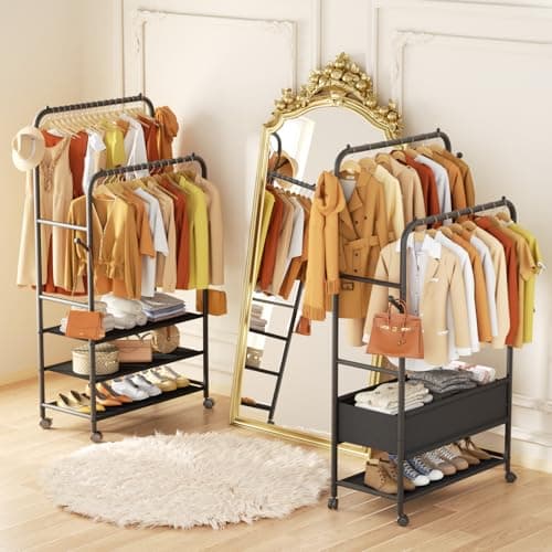 Furologee Clothes Racks for Hanging Clothes, Portable Rolling Garment Rack, Sturdy Metal Freestanding Cloths Racks with Wheels, Double Rods Wardrobe Rack for Bedroom Laundry Living Room 6