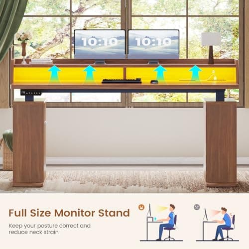 SEDETA Standing Desk with Storage, 55" Fluted Stand Up Desk with Power Outlets & LED Lights, Height Adjustable Table with Monitor Shelf for Home Office, Gaming, Brown 7
