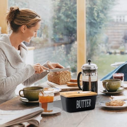 Hasense Butter Dish with Lid, Ceramic Butter Dish with Knife for Countertop, Airtight Covered Butter Keeper Container, Large Black Butter Holder for Refrigerator,Black 6