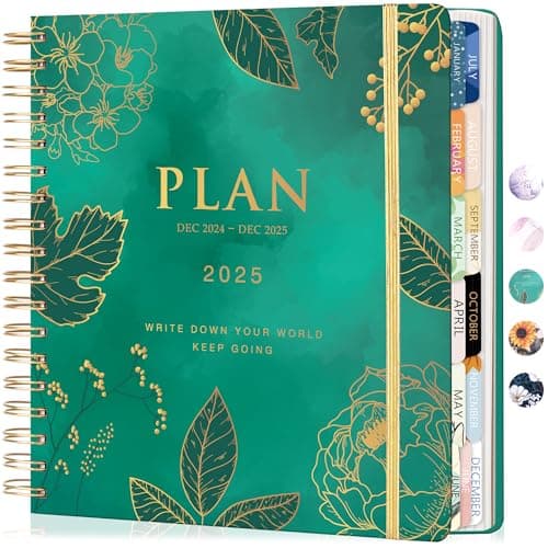 CAGIE 2025 Planner, Weekly and Monthly, January - December 2025, 8.3" x 9.3", Hardcover Spiral Bound, 12 Monthly Tabs, Elastic Closure, Stickers