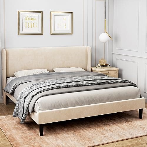 Homhougo Full Bed Frame with Headboad and Wingback, Velvet Upholstered Platform Bed with 2 Storage Pockets, Sturdy Wood Slat Support, No Box Spring Needed, Easy Assembly, Beige