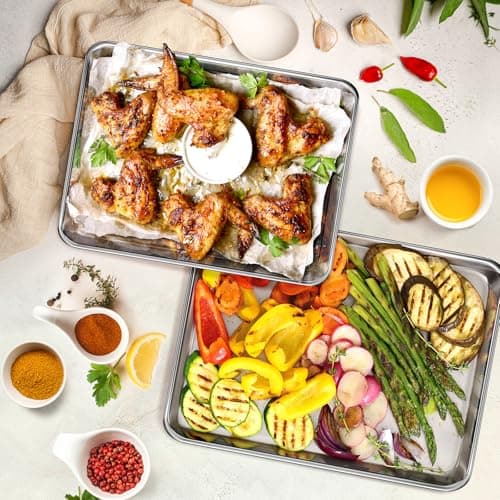 Baking Sheet Set of 3, Commercial Grade Stainless Steel Cookie Sheets for Baking, 12/16/17.5 Inch, Thicker and Firmer Baking Pans Set, Rust & Warp Resistant & Nonstick, Nontoxic&Heavy Duty&Easy Clean 8