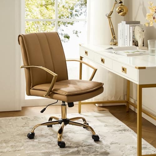 HULALA HOME Faux Leather Office Chair, Modern Adjustable Swivel Rocking Rolling Wheels Computer Desk Chair with Gold Legs and Arms, Upholstered Study Chair (Camel)