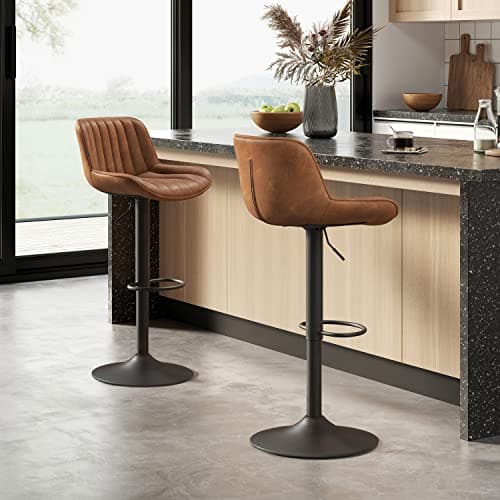 Volans Bar Stools Set of 4, Mid Century Modern Faux Leather Swivel Adjustable Height Bar Stool, Counter Height Pub Bar Chair with Back, Black Powder Coated Base, Yellow Brown 7