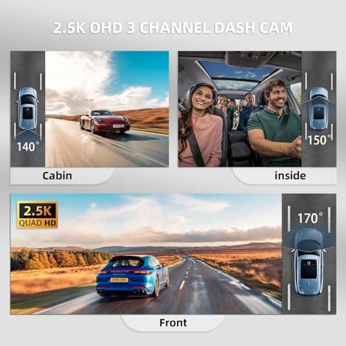 3 Channel Dash Cam with Backup Camera Front and Rear Inside,Interior Car Camera,Dash Camera for Cars, 3.18" IPS Screen, Night Vision, G-Sensor, Parking Assistance, 64G SD Card 5