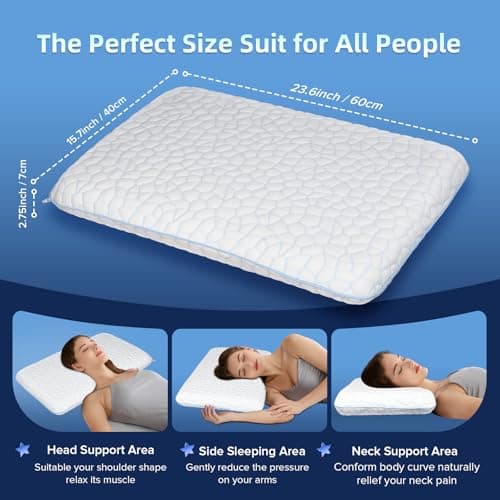 Ultra Thin Flat Pillows for Sleeping,Cooling Slim Memory Foam Pillow 2.75 in Height Ultra Thin Pillow,Low Profile Sleeper Pillows for Stomach Sleeper for Neck and Back Support Stomach Sleeping Pillow 5