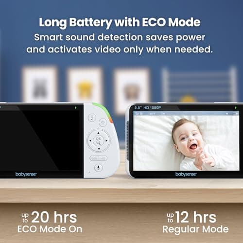 Babysense Full HD 5.5" Split Screen Baby Monitor with 2 Cameras, 6-Color Night Light, White Noise, Sound & Light Machine, 20-Hour Battery, Hack-Proof Non-WiFi Secure Connection 5