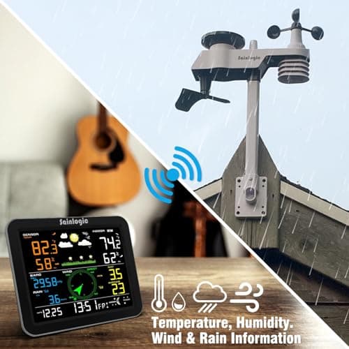 Sainlogic Weather Station Wireless Indoor Outdoor, Weather Station with Rain Gauge and Wind Speed/Direction, Temperature, Humidity, Air Pressure, Weather Forecast, Moon Phase, and Alarm, Black No WiFi 6