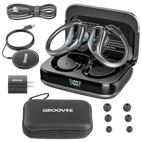 Groove 4-in-1 Wireless Earbuds w/Charging Case - 80 Hours Playtime Wireless Headphones Bluetooth 5.3 IPX7 Waterproof Noise Cancelling Earphones w/LED Light Display | Phone Charging Pad Electronics