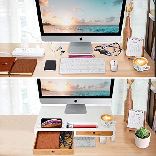 Computer Monitor Stand with Drawers - White Wood Laptop Screen Printer TV Riser 22.05L 10.60W 4.70H inch, Desk Organizer in Home&Office 5