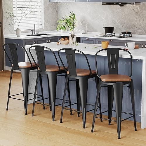 Alunaune 26" Swivel Metal Bar Stools Set of 4 High Back Counter Height Barstools Industrial Dining Bar Chairs with Large Wooden Seat-Matte Black 9