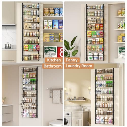 MIAOLI Over the Door Pantry Organizer, 8-Tier Adjustable Spice Rack Cabinet Door Shelves, Hanging Seasoning Organizer for Kitchen Bathroom, Laundry Room Organization, Black 9