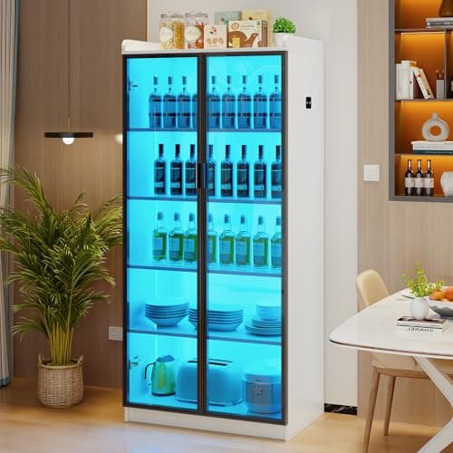 Lvifur 65" LED Display Cabinet with Lights for Living Room, 5 Tier Bookcase with Adjustable Shelves for Office, Tall Storage Cabinet with Human Body Induction for Collectibles (White) 8