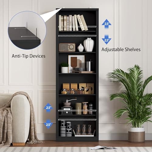 BORNOON 75" Tall Bookshelf, 6-Tier Floor Standing Bookcase with Adjustable Shelves, 24" Wide Open Storage Shelf, Modern Display Organizer for Home Office, Living Room, Bedroom, Study 5
