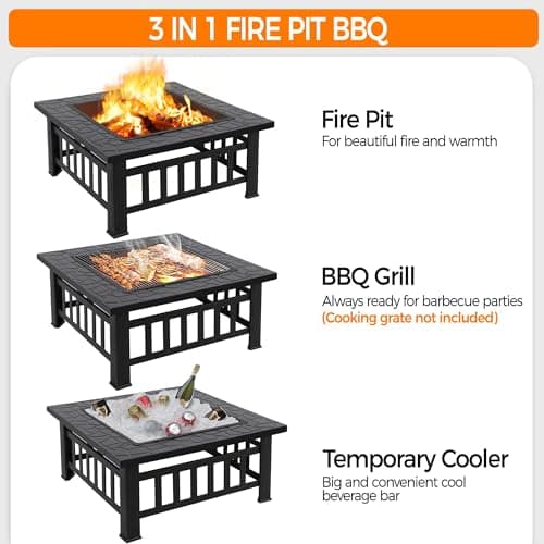 Yaheetech Multifunctional Fire Pit Table 32in Square Metal Firepit Stove Backyard Patio Garden Fireplace for Camping, Outdoor Heating, Bonfire and Picnic 6