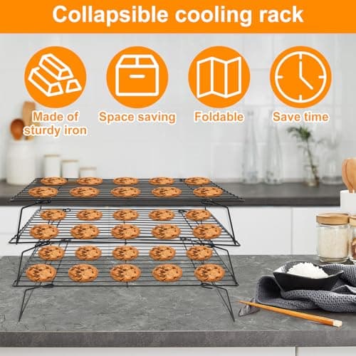 3-Tier Stackable Cooling Rack 13.4x9.4 Collapsible Baking Rack with Non-Stick Coating, Rustproof Heavy Duty Iron Wire Racks for Cooling, Baking, Grilling, Oven & Dishwasher Safe 7