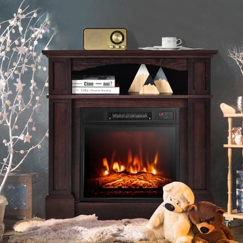 Tangkula 32" Electric Fireplace with Mantel, 1400W Freestanding Heater with Remote Control & Adjustable Brightness, Multifunctional Mantel Fireplace with Storage Shelf for Living Room (Brown) 7