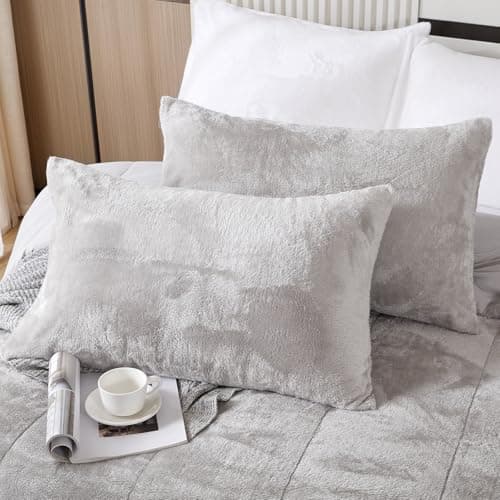 YIYEA Faux Fur Pillow Cases Standard Size Set of 2, Luxury Ultra Soft Fuzzy Pillowcases, Fluffy Plush Velvet Pillow Covers with Zipper, Cozy Warmth and No Shedding, 20 x 26, Light Gray