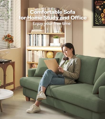 87in Corduroy Couch, Kidirect Sofa No Tool Assembly, Comfy Couches for Living Room 21in Deeper Seats, Corduroy Sofas for Living Room with 2 Pillows, Oversized Loveseat Sofa, Boho Love Seat Green Couch 6