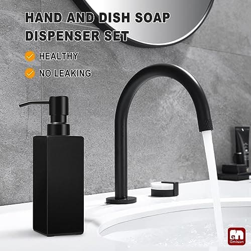 GMISUN Black Soap Dispenser, Hand Soap Dispenser Bathroom, 12oz Glass Soap Dispenser with Stainless Steel Pump, Liquid Dish Soap Dispenser for Kitchen, Modern Bathroom/Kitchen Soap Dispenser Set 5