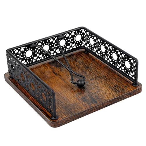 Haliafancy Wooden Napkin Holder for Table, Farmhouse Napkin Holder with Weighted Arm Iron Ball, and Vintage Sunflower Edging for Kitchen, Home, Countertop, Bar, Restaurant (Black Iron with Wood)