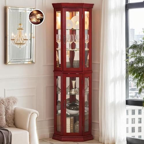 CKEASEAN Corner Curio Cabinet with Light Bulb, Tempered Glass Doors, Floor Standing Glass Display Cage with 6 Tempered Glass Shelves, Wine Cabinet Storage Rack for Bar and Liquor Storage (Cherry)