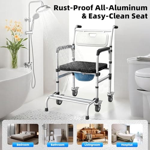 4 in 1 Rolling Bedside Commode Chair with Wheels for Elderly, Shower Chair with Handles, Adjustable Height Raised Toilet Seat for Seniors,Disabled and Pregnant Holds Up to 350 lbs (Black) 5