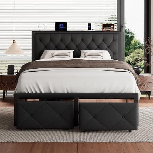 iPormis Queen Bed Frame with 2 Storage Drawers, Linen Upholstered Headboard Platform Bed with Charging Station, No Box Spring Needed, Metal Slats Support, Noise-Free, Easy Assembly, Black