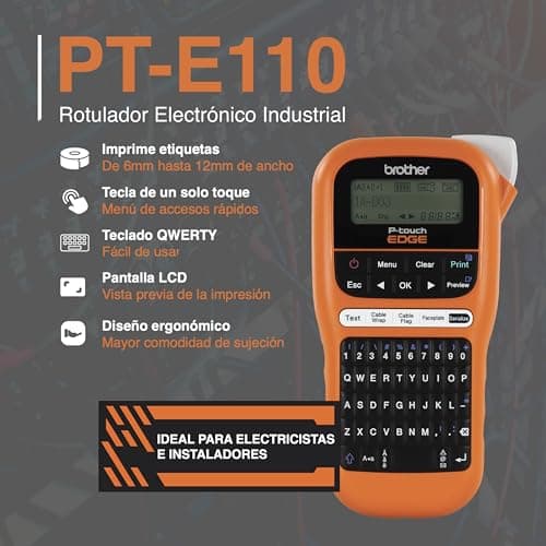 Brother PTE110 Entry Level Industrial Handheld Labeling Tool Kit - Up to 12mm Labels, Orange 3