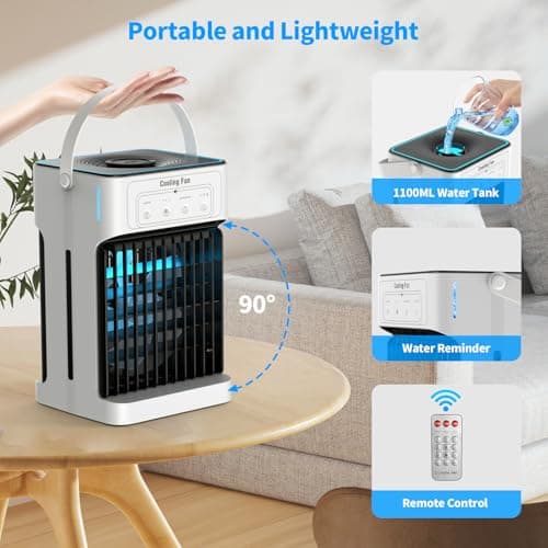 Portable Air Conditioners, Dual Motor & Fan Blades Evaporative Air Cooler with Remote, 3 Speeds & 3 Mist, Colorful Night Light Cooling Fan with 2-8H Timer, Personal AC Unit for Bedroom Office 6
