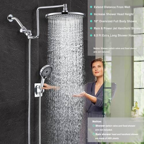 10" Rainfall Shower Head with Handheld Combo, Upgrade 12" Extension Arm Height Adjustable, 3-Way High Pressure Spray, Shower Holder Extra Long Hose, Chrome 6