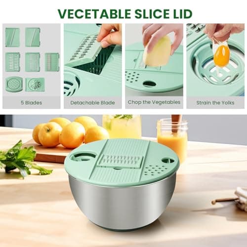 4.25 Qt Stainless Steel Salad Spinner Large, Salad Wash Bowl, Fruit & Vegetable Dryer, with 5-Blade Slicer, Egg Yolk Strainer and Shredder for Efficient Salad Preparation and Food Washing 5