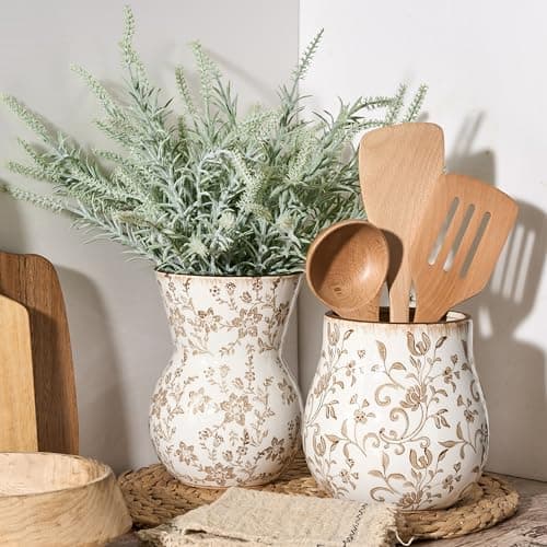 JIEMEI HOME Kitchen Utensil Holder, 6.3" Ceramic Rustic Utensil Crock for Countertop, Farmhouse Cooking Tool Organizer, Spatula Holder For Kitchen Decor, Brown Floral 9