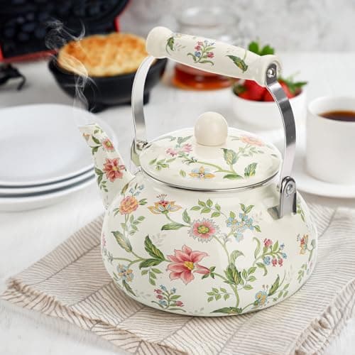 Jucoan 2.6 Quart Vintage Enamel Tea Kettle, Green Floral Enamel on Steel Teapot with Cool Touch Porcelain Handle for Stovetop Home Kitchen Decor, Gift for Housewarming Christmas New Year 8