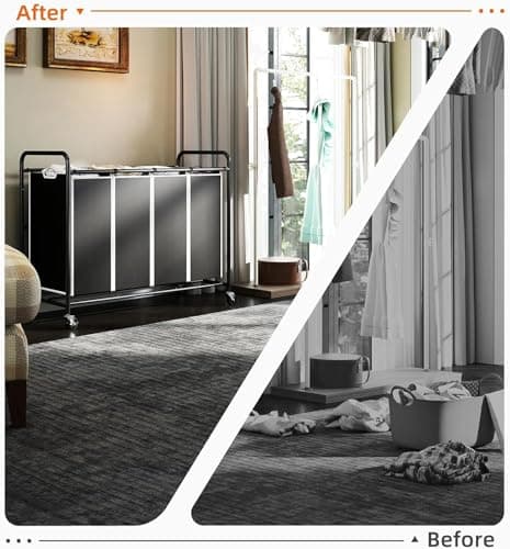 ROMOON Laundry Hamper Sorter Cart: 4-Section Organizer with Heavy-Duty Lockable Wheels and Removable Bags | 180L Rolling Laundry Basket for Dirty Clothes in Laundry Room or Small Spaces (Black) 6