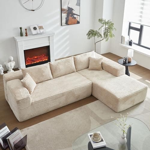 104" L-Shape Modular Sectional Sofa Couch,Comfy Upholstered Cloud Couch for Living Room,Modern Minimalist Couches,Deep Seat,No Assembly Required (Beige,Plush Corduroy, Right Facing Chaise)
