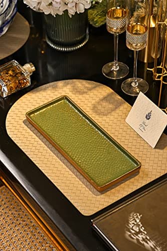 Vanity Tray with Brown Trim, Candle and Bathroom Organizer, Perfume Holder, Decorative Countertop Tray for Dresser, Table, Home Decor, Rectangular, Green, 12"4.7" 5