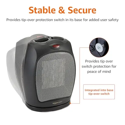 Amazon Basics Oscillating Ceramic Space Heater, Portable Fast Heating Indoor Solution, With Overheat and Tip-Over Protection, Thermostat, 1500W, 7.52"D x 6.34"W x 9.45"H, Black 5