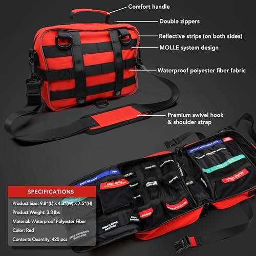 430 Piece First Aid Kit, Well-Organized Premium Waterproof Compact Trauma Medical Kits for Any Emergencies, Ideal for Home, Office, Car, Travel, Outdoor, Camping, Hiking, Boating (Red) 7