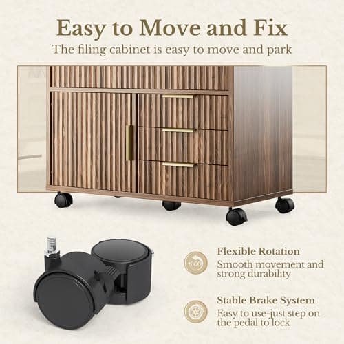 Perledesign Fluted File Cabinet with 5 Drawers, Large Storage with Cabinet Door, Mobile Filing Cabinet with Locable Wheels for Home Office, Black Walnut 6