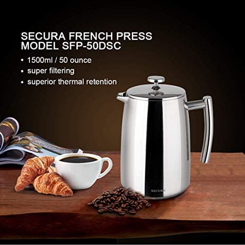 Secura French Press Coffee Maker, 50-Ounce, 304 Stainless Steel Insulated Coffee Press with Extra Screen 5